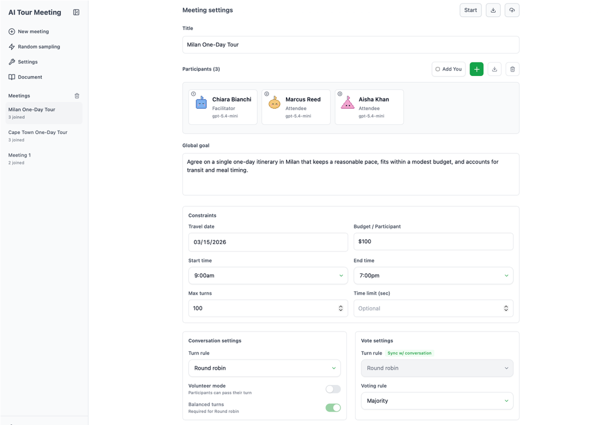 Meeting settings screen