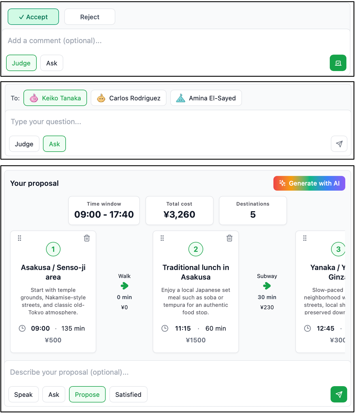 Chat boxes for human participants: voting, asking a question, and proposing an itinerary